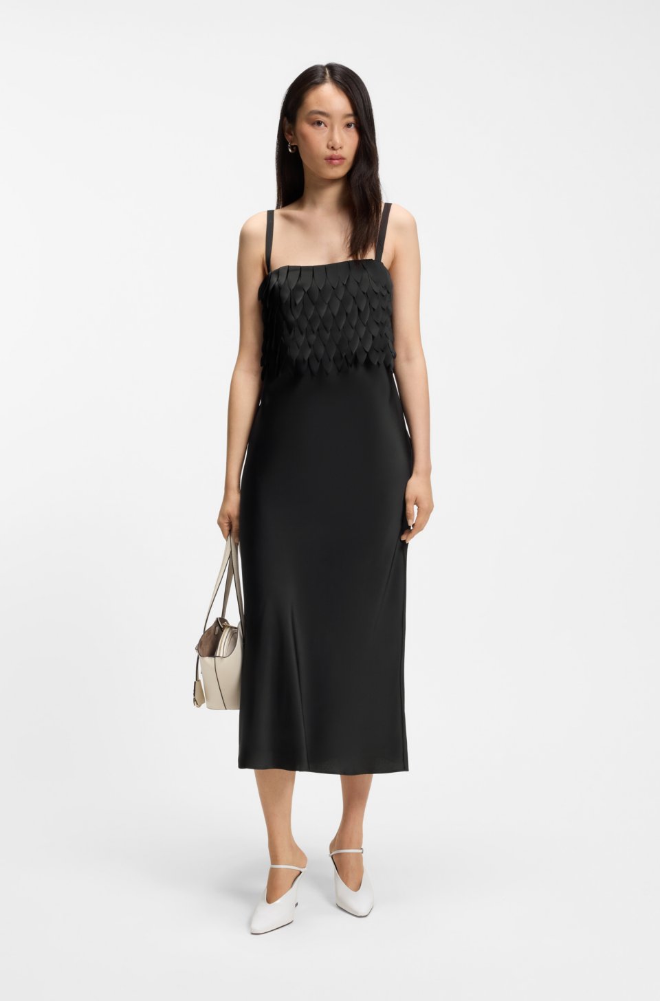 Long-length strappy dress with laser-cut details
