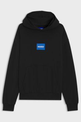 Sweat &agrave; capuche en molleton de coton avec logo bleu, Noir