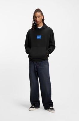 Sweat &agrave; capuche en molleton de coton avec logo bleu, Noir