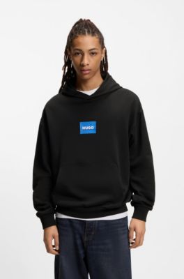 Sweat &agrave; capuche en molleton de coton avec logo bleu, Noir