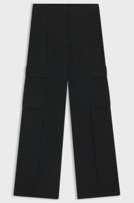 Pantaloni regular fit in cr&ecirc;pe con tasche cargo, Nero