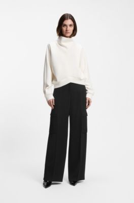 Regular-fit trousers in crepe with cargo pockets, Black