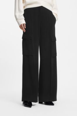 Regular-fit trousers in crepe with cargo pockets, Black