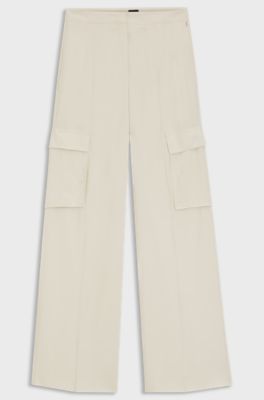 Regular-fit trousers in crepe with cargo pockets, Natural