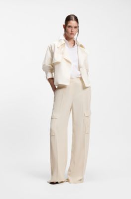 Regular-fit trousers in crepe with cargo pockets, Natural