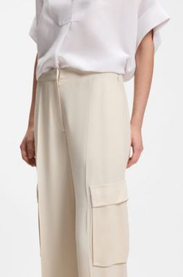 Regular-fit trousers in crepe with cargo pockets, Natural