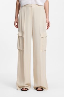 Regular-fit trousers in crepe with cargo pockets, Natural