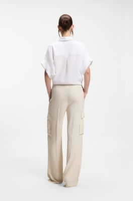 Regular-fit trousers in crepe with cargo pockets, Natural
