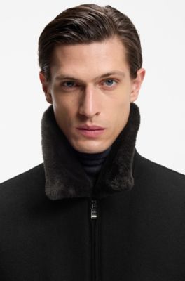 Cappotto in mohair-cashmere con collo in pelliccia sintetica, Nero