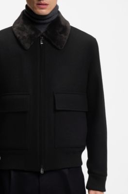 Abrigo de lana y cashmere con cuello de imitaci&oacute;n de piel, Negro
