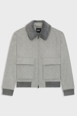 Cappotto in mohair-cashmere con collo in pelliccia sintetica, Argento