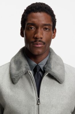 Cappotto in mohair-cashmere con collo in pelliccia sintetica, Argento