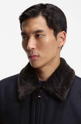 Cappotto in mohair-cashmere con collo in pelliccia sintetica, Blu scuro