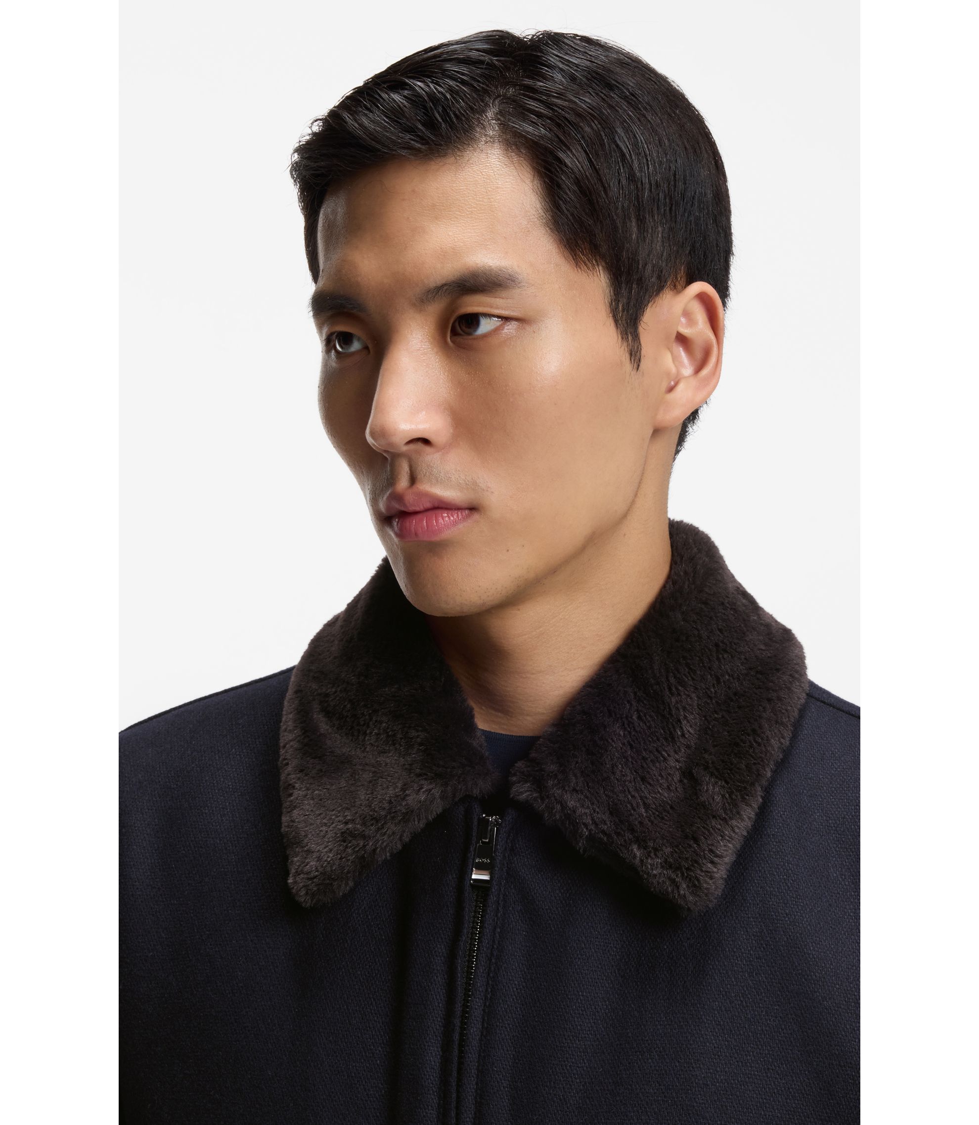 BOSS - ウール/カシミア コート フェイクファーカラー - ダークブルー