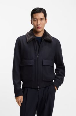 Cappotto in mohair-cashmere con collo in pelliccia sintetica, Blu scuro