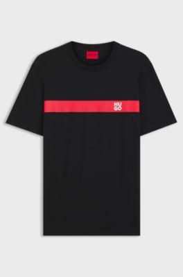 Cotton-jersey T-shirt with stripe and logo, Black