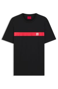Cotton-jersey T-shirt with stripe and logo, Black