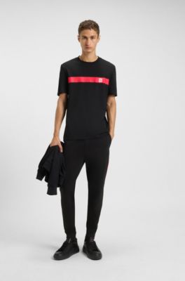 Cotton-jersey T-shirt with stripe and logo, Black
