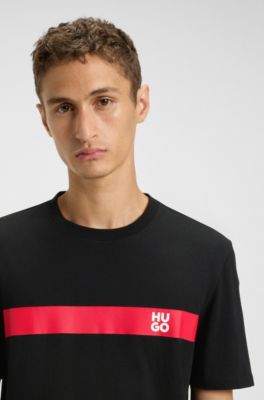 Cotton-jersey T-shirt with stripe and logo, Black