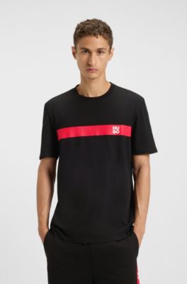 Cotton-jersey T-shirt with stripe and logo, Black