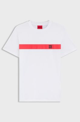 Cotton-jersey T-shirt with stripe and logo, White
