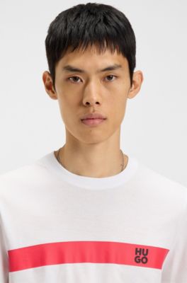 Cotton-jersey T-shirt with stripe and logo, White
