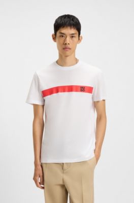 Cotton-jersey T-shirt with stripe and logo, White