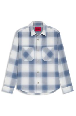 Oversized-fit shirt in checked cotton twill, Blue Patterned