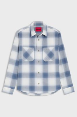 Overhemd in oversized model van geruite katoenen keperstof, Blauw met dessin