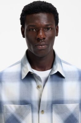 Oversized-fit shirt in checked cotton twill, Blue Patterned