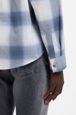 Overhemd in oversized model van geruite katoenen keperstof, Blauw met dessin