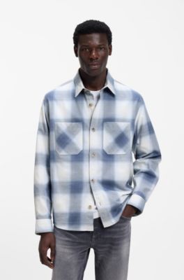 Overhemd in oversized model van geruite katoenen keperstof, Blauw met dessin