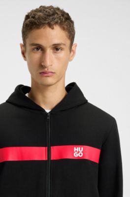 Cotton-terry zip-up hoodie with contrast stripe, Black