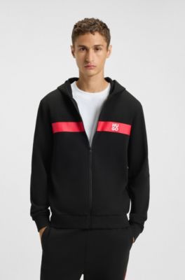 Cotton-terry zip-up hoodie with contrast stripe, Black