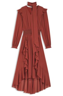 Detachable-scarf dress in crepe georgette, Dark Red