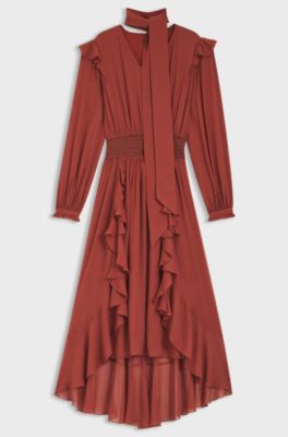Detachable-scarf dress in crepe georgette, Dark Red
