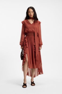 Detachable-scarf dress in crepe georgette, Dark Red
