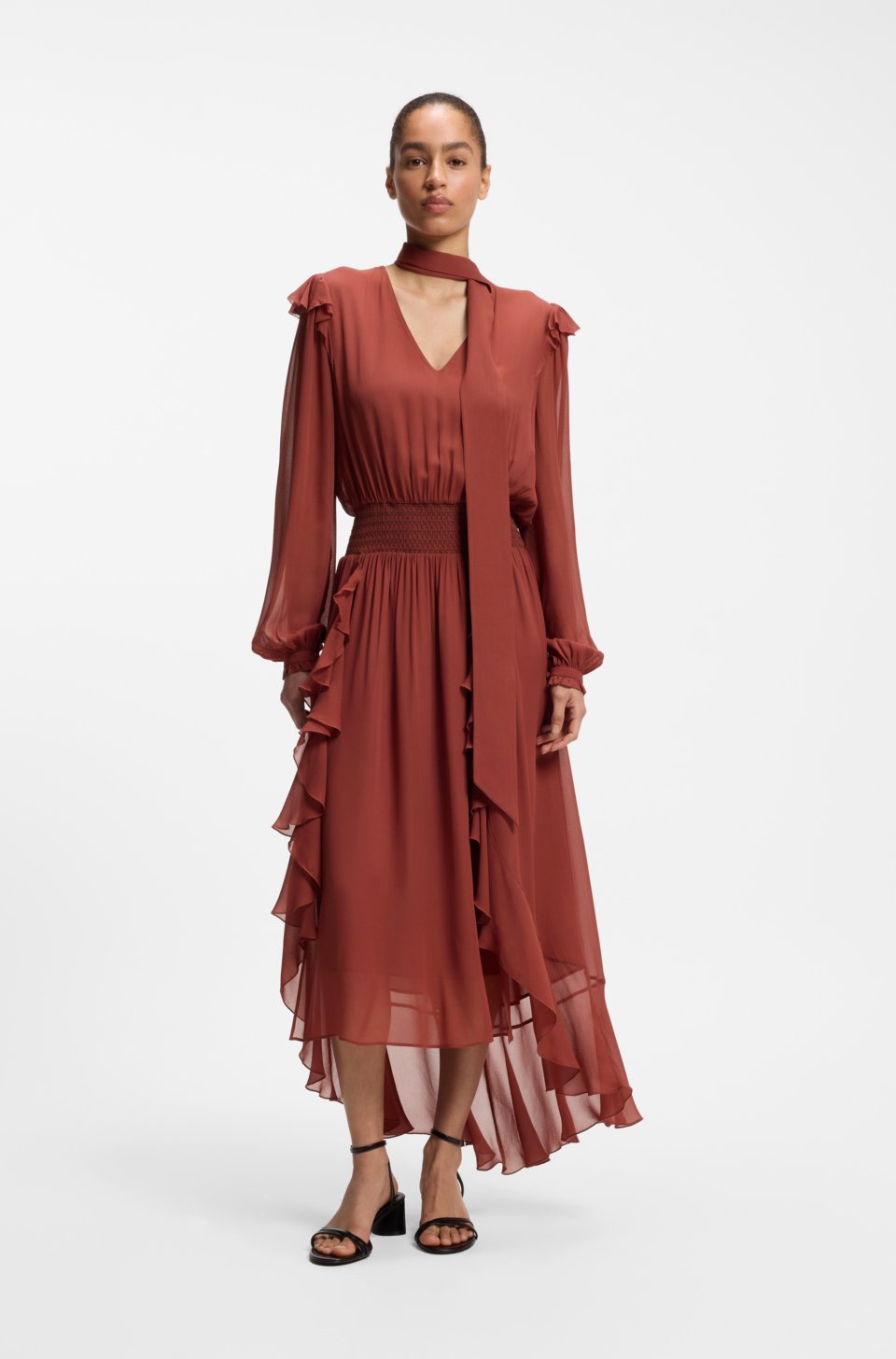 Detachable-scarf dress in crepe georgette