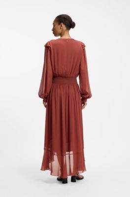 Detachable-scarf dress in crepe georgette, Dark Red
