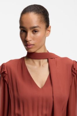 Detachable-scarf dress in crepe georgette, Dark Red