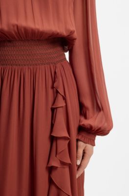Detachable-scarf dress in crepe georgette, Dark Red