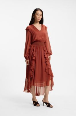 Vestito in cr&ecirc;pe georgette con sciarpa rimovibile, Rosso scuro