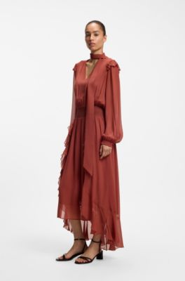 Detachable-scarf dress in crepe georgette, Dark Red