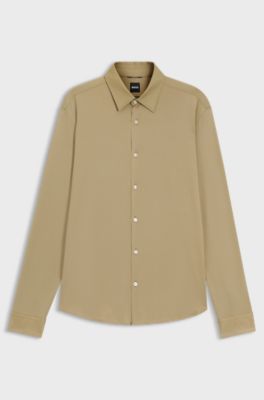 Camicia regular fit in jersey Oxford elasticizzato ad alte prestazioni, Beige