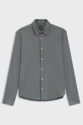 Regular-fit shirt in performance-stretch Oxford jersey, Dark Grey