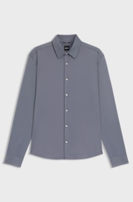 Regular-fit shirt in performance-stretch Oxford jersey, Dark Blue