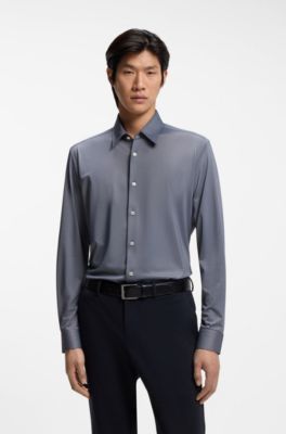 Regular-fit shirt in performance-stretch Oxford jersey, Dark Blue