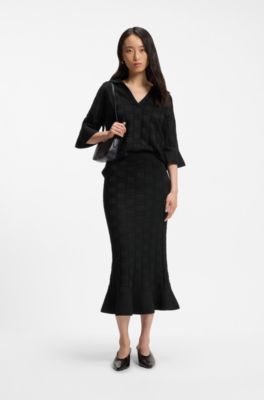 Maxi skirt with knitted check structure, Black