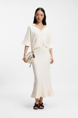 Maxi skirt with knitted check structure, Natural