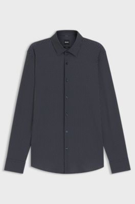 Slim-fit shirt in printed performance-stretch jersey, Blue Patterned